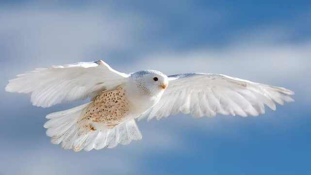 Captivating Snowy Owl in Majestic Flight Against Bright Blue Sky with Fluffy Clouds