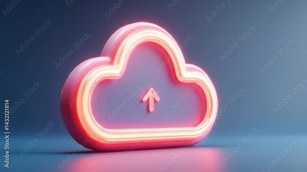 Poster colorful neon cloud icon with upload arrow on a soft blue background showcasing modern digital techn