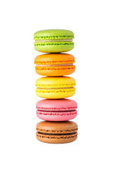 A stack of five colorful macarons with a transparent background, showcasing pistachio, orange, yellow, pink, and brown flavors in a vertical arrangement.
