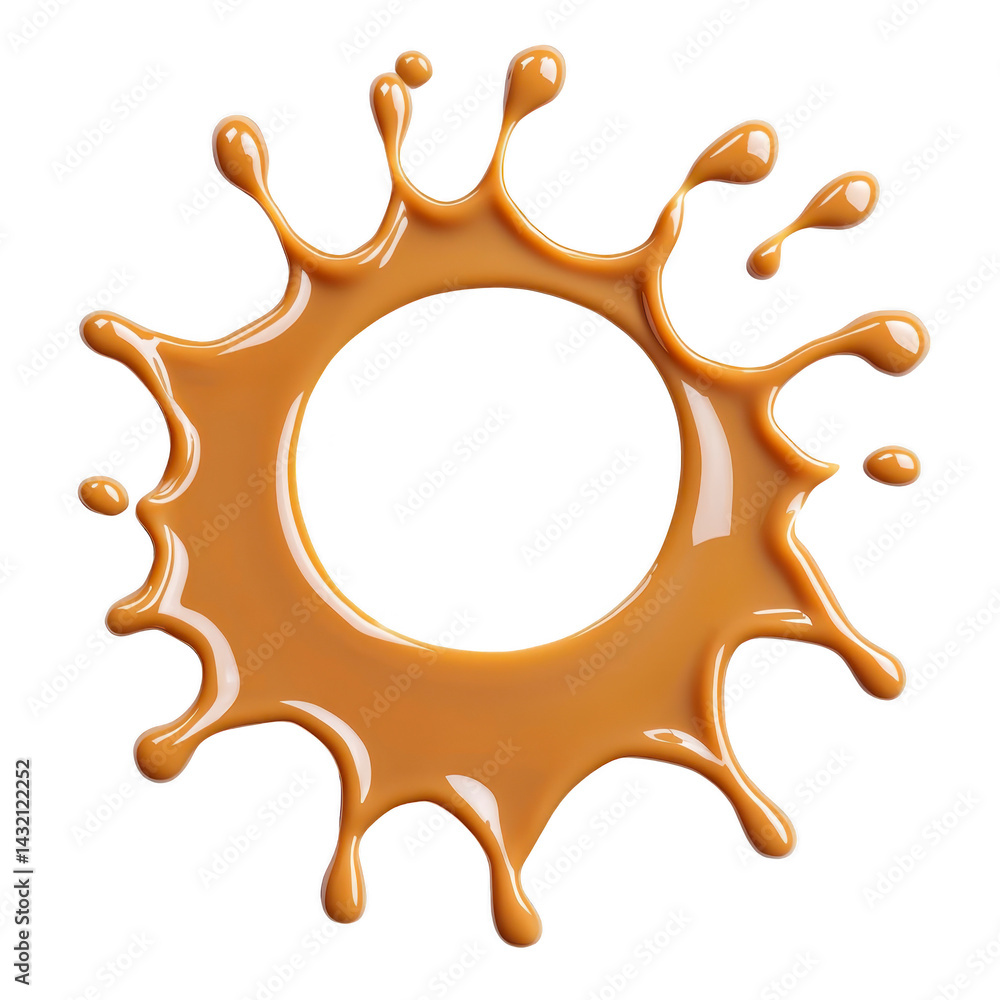Poster circular splash of caramel colored liquid creates dynamic and artistic pattern, resembling ring with