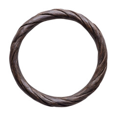 circular, twisted rope made of dark, coarse fibers forms perfect loop, showcasing its rustic texture and natural appearance. rope simplicity and elegance evoke sense of strength and durability