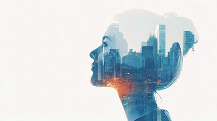 Female Profile with Cityscape Blend in a Dreamlike Composition