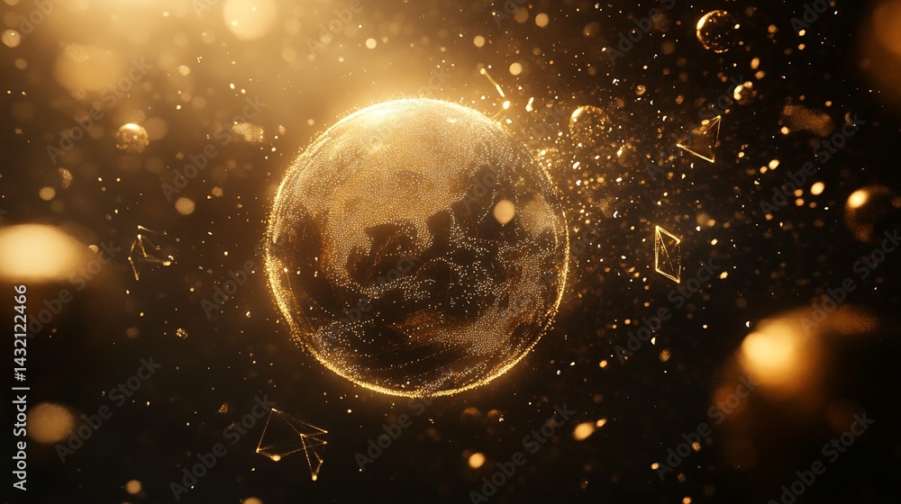 Poster golden particle globe with geometric elements and light effects