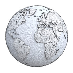 textured white globe with cracked surface patterns represents continents and oceans, symbolizing environmental issues and global warming. artistic design evokes sense of fragility and urgency