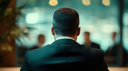 man in a suit with his back turned sitting in a meeting in an office