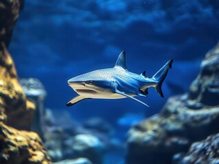Fototapeta premium A photograph of sharks swimming in deep blue water, Marine Life, Powerful and captivating