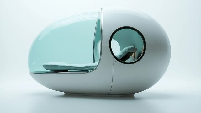 Futuristic relaxation pod in a minimalist interior, showcasing sleek design and tranquility