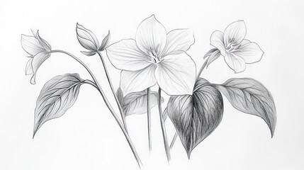 Pencil sketch of white flowers, leaves, buds; botanical illustration for design