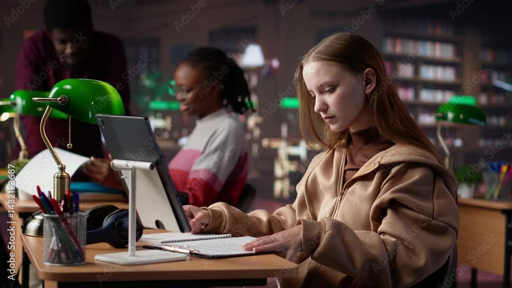 Poster student makes exam preparations at the university library with classmates, doing research to complet