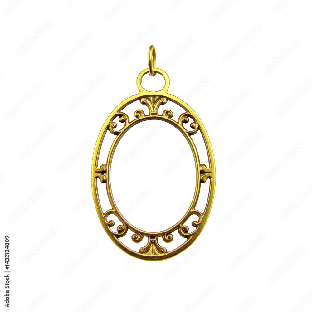 Poster ornate gold oval pendant with intricate scrollwork design, featuring loop for attachment. elegant cr
