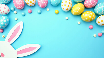Colorful Easter Eggs on a Blue Background with Floral Patterns