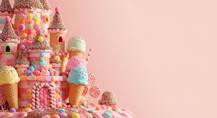 Colorful candy castle with ice cream cones against a pastel background  