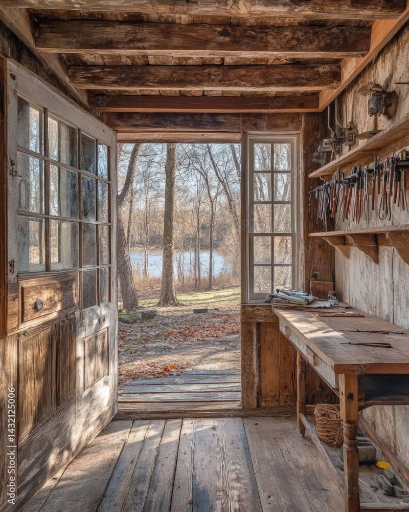 Poster interior view of a generic workshop with open doors leading to a bright natural landscape. tools han