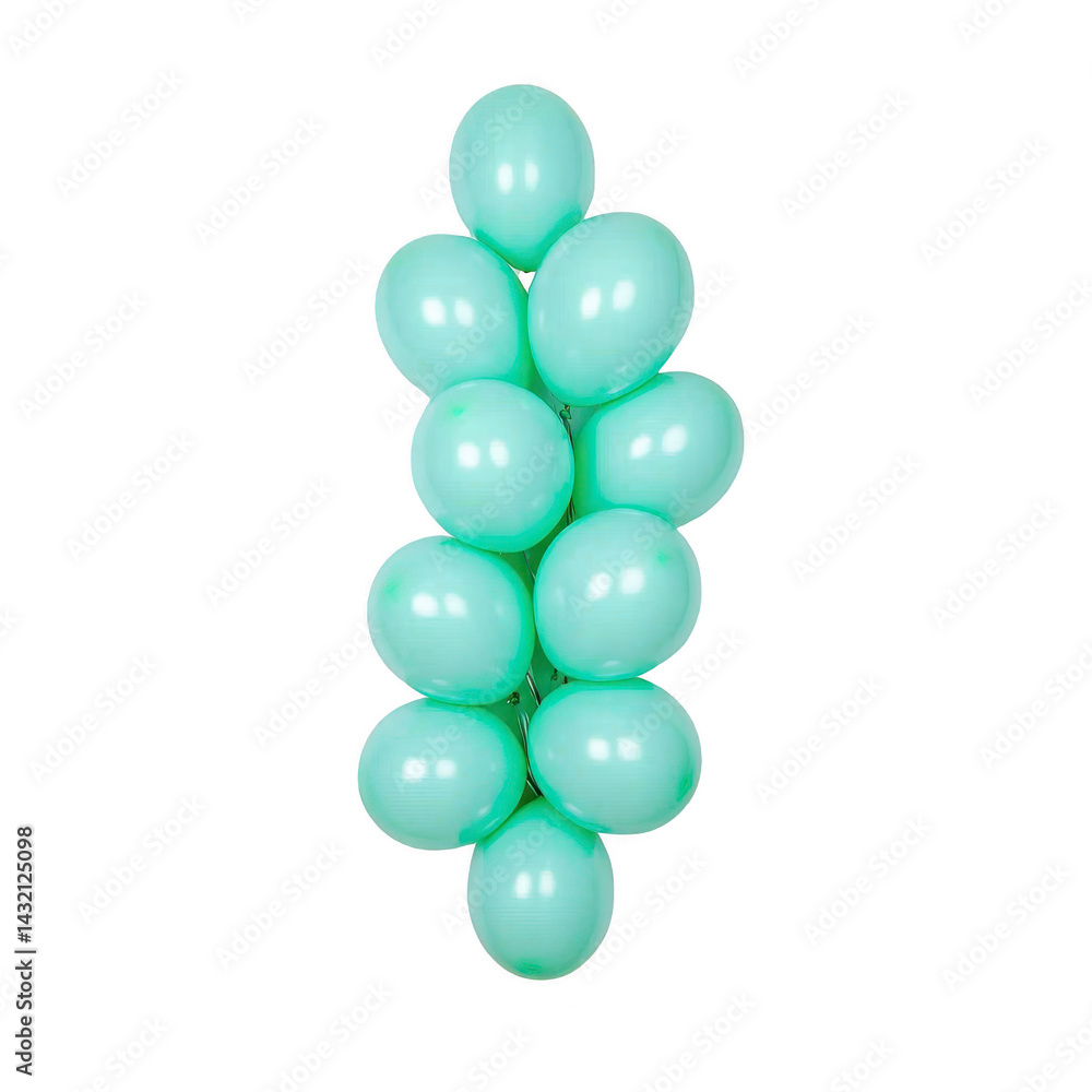 Poster cluster of shiny mint green balloons is arranged in vertical formation, creating festive and cheerfu