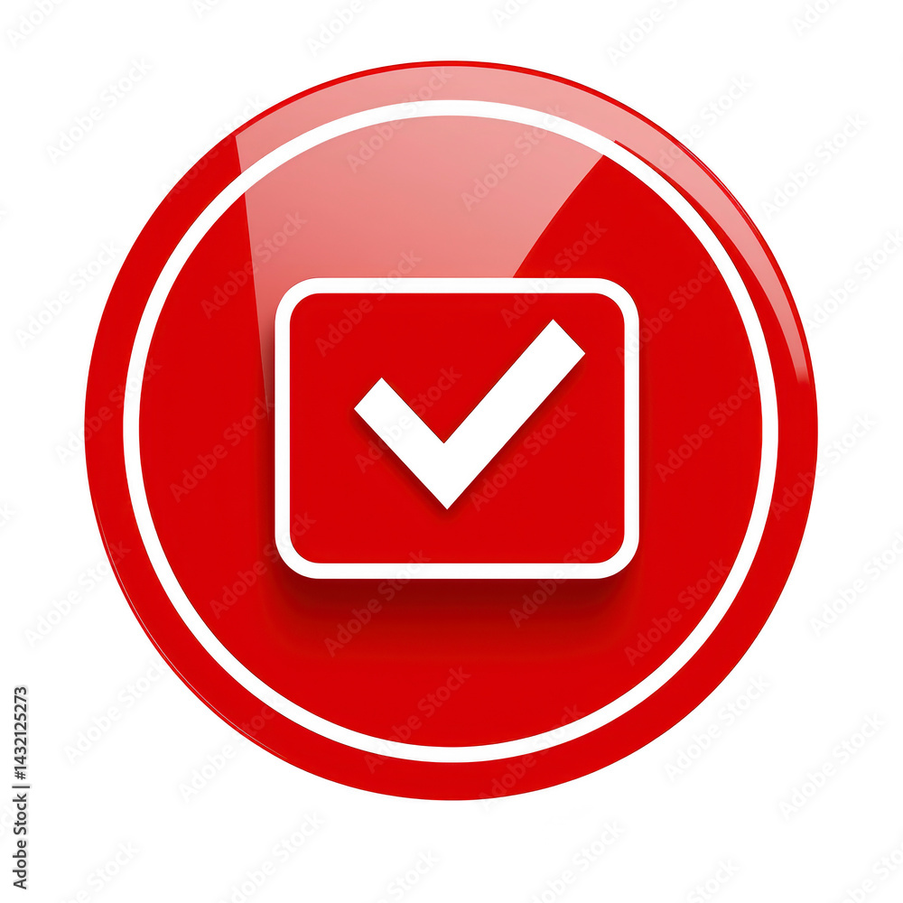 Poster red circular icon with checkmark symbol in center, representing approval or confirmation. glossy fin