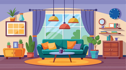 Cozy living room with green sofa, plants, and decorative elements in a bright, inviting atmosphere during daytime