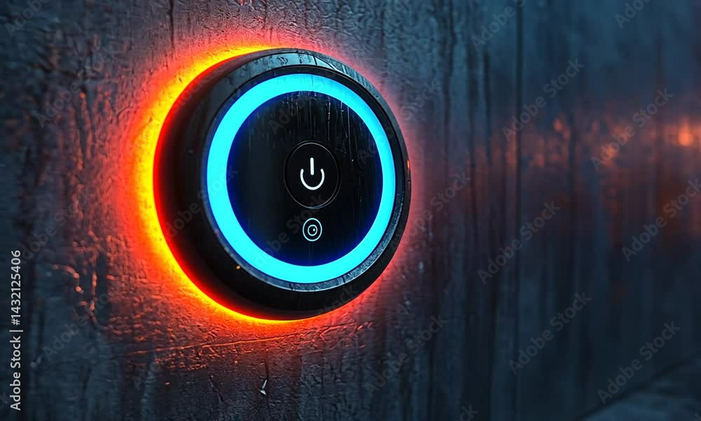 Poster modern illuminated control button on a textured wall, glowing in a dimly lit futuristic environment