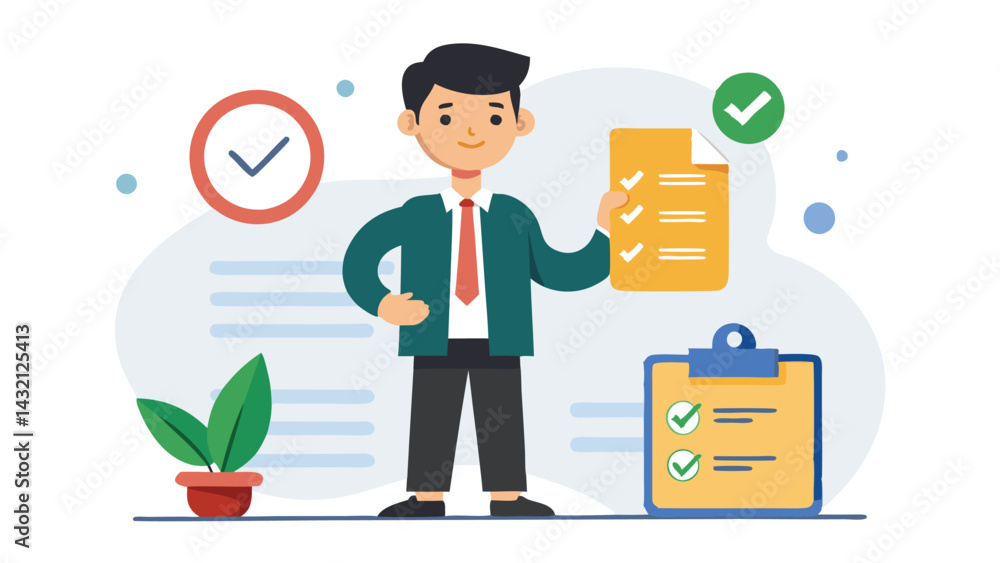 Poster vector illustration of a confident young man holding a checklist and standing next to a clipboard wi