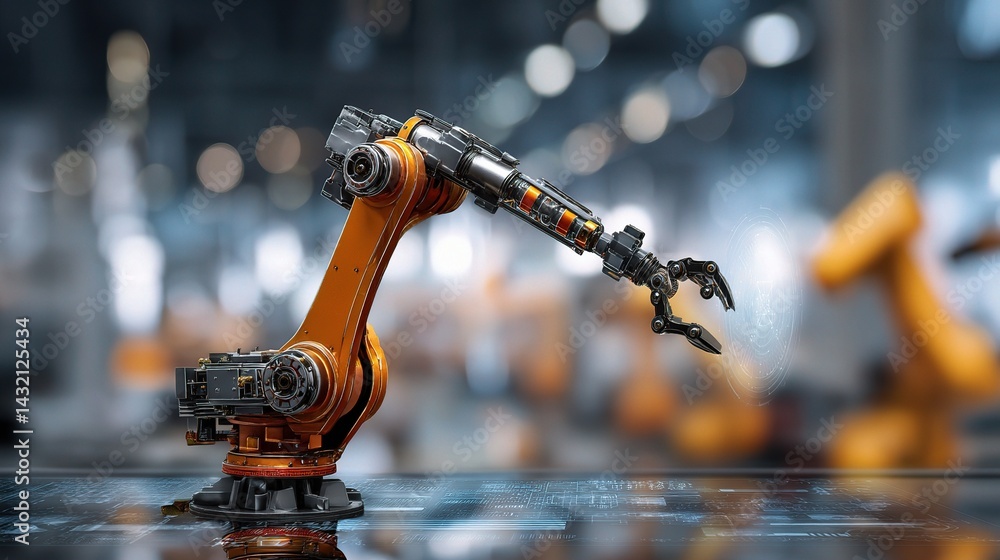 Poster smart robot arm in futuristic factory interface technology setup