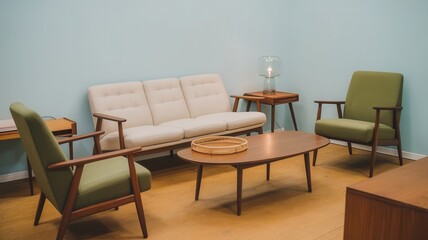 Elegance Defined: Vintage Scandinavian Living Room with Serene Color Palette
