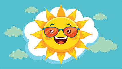 Bright sun with glasses smiling cheerfully over fluffy clouds in a clear blue sky during a sunny day outdoors