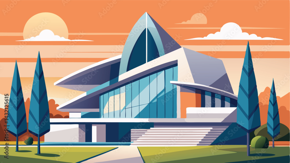 Poster modern architectural design of a sleek house surrounded by nature during a vibrant sunset with sceni