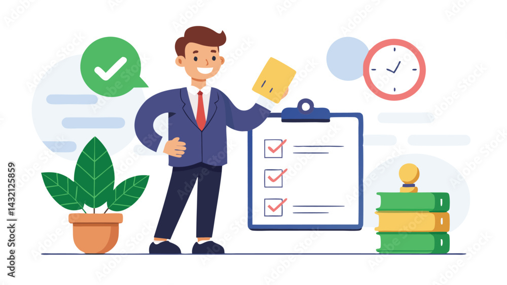 Poster vector illustration of a confident young man holding a checklist and standing next to a clipboard wi