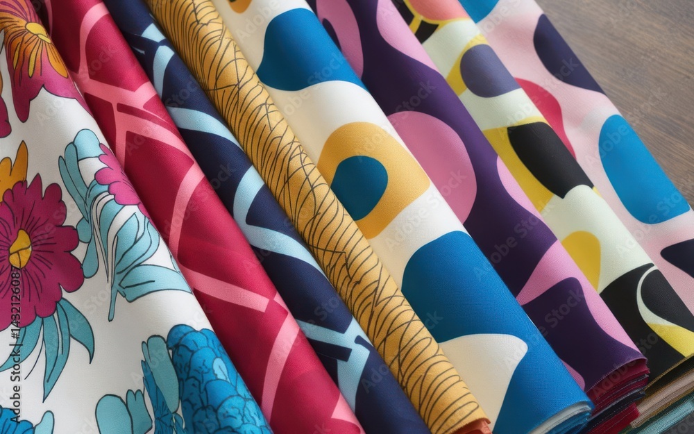 Poster assortment of vibrant, retro-inspired fabrics creating a colorful display