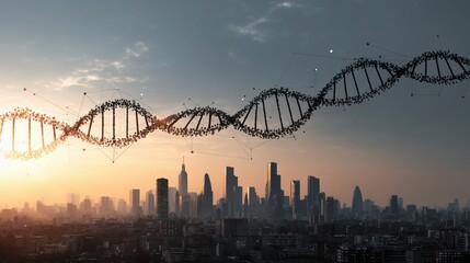 Obraz premium Layered City Skyline with DNA Helix and Technology Points