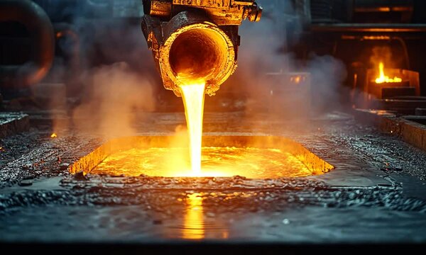 Molten metal being poured into a casting mold in a vibrant industrial foundry setting