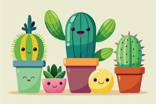 Cute vector illustration of smiling cacti in colorful pots on a light green background featuring friendly expressions and cartoon style