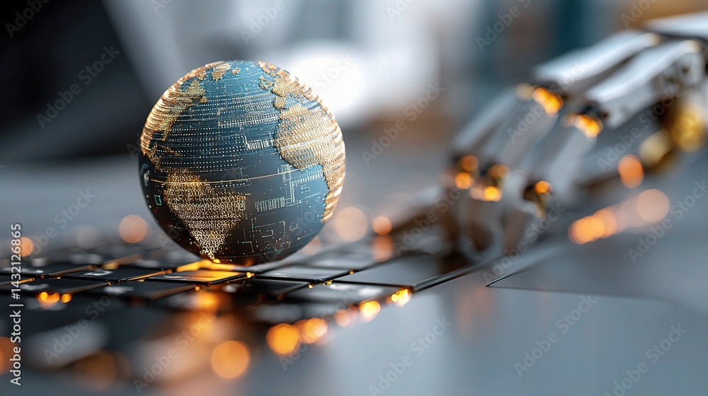 Poster digital globe over laptop with robotics theme and sketch design