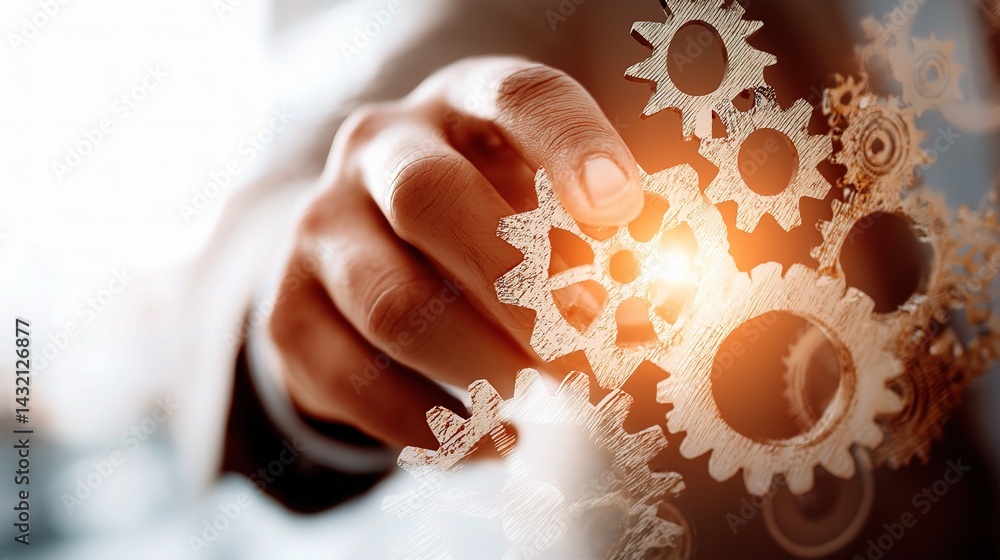 Poster double exposure of businessman hand and cogs in dynamic workspace