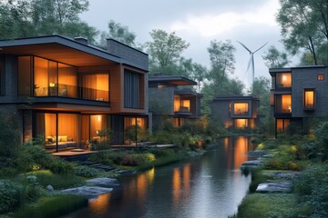 Fototapeta premium Modern Homes with Sustainable Living and Renewable Energy in a Serene Natural Setting