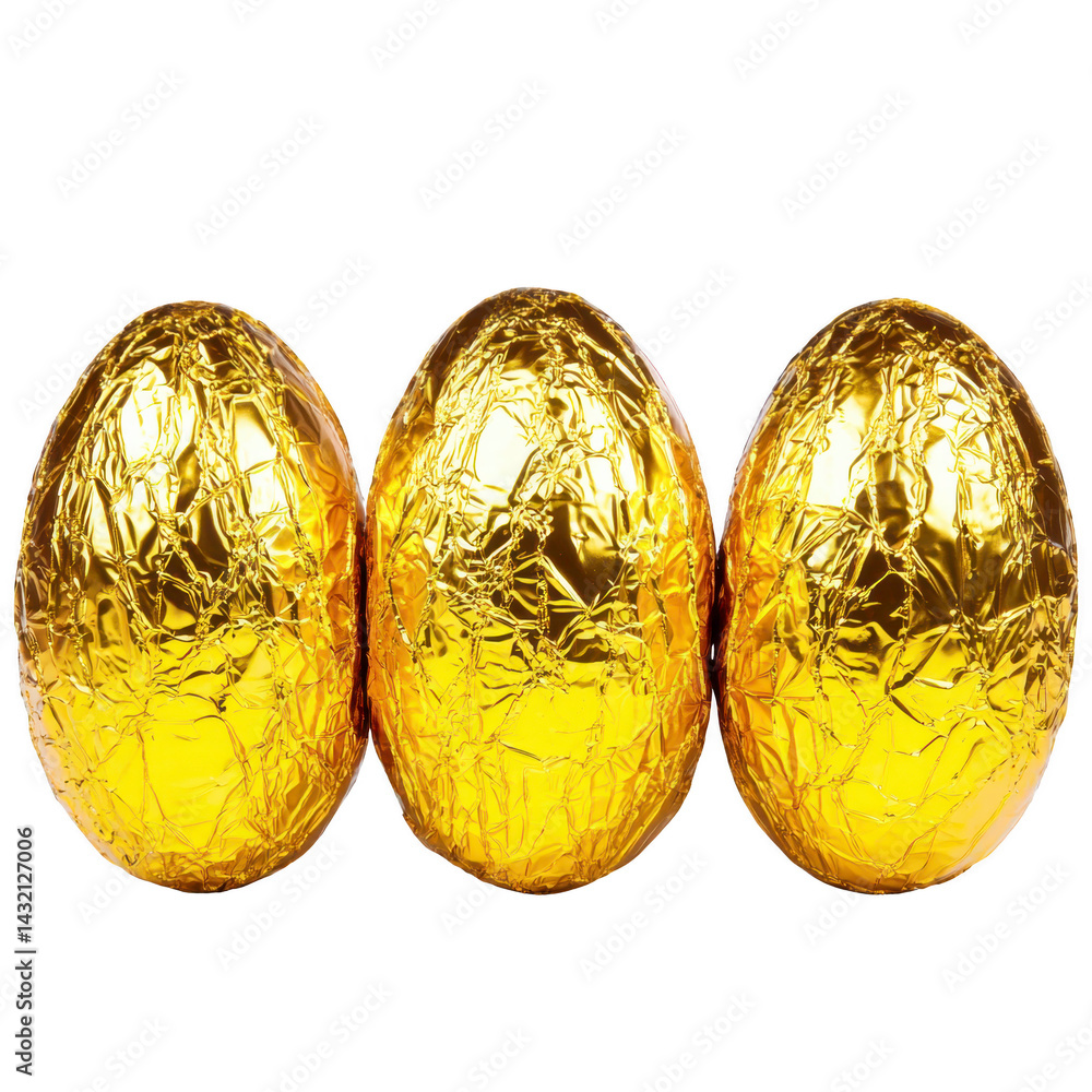 Poster three shiny golden eggs wrapped in crinkled foil are lined up against plain background, creating lux