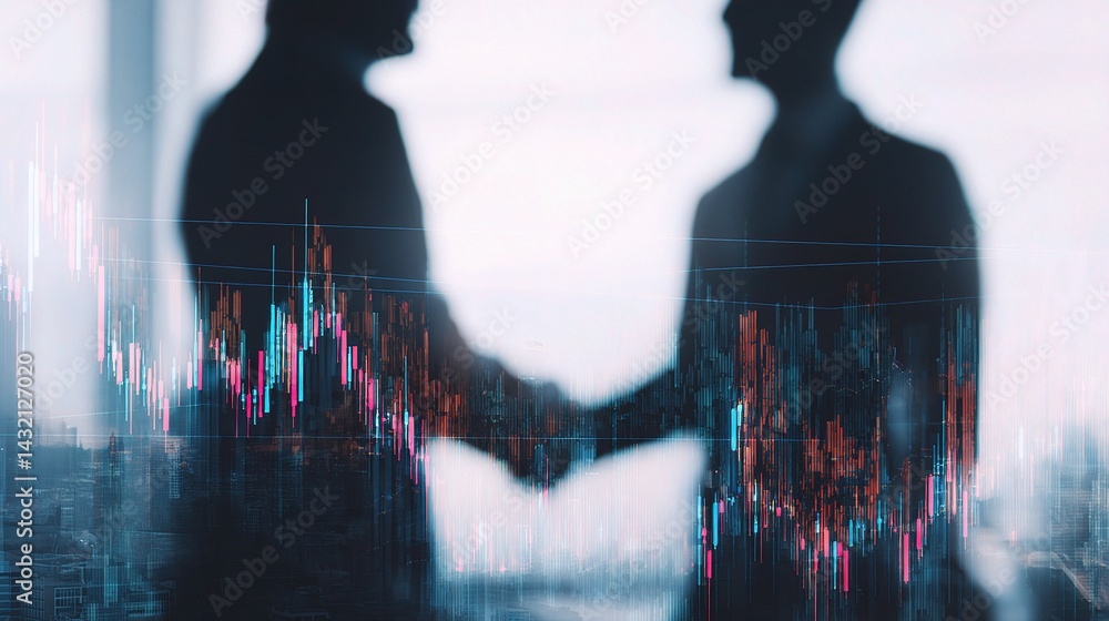 Poster double exposure of two men with forex graph and hologram effect