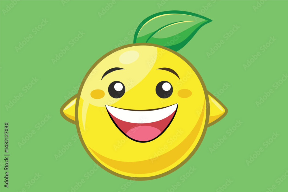 Poster smiling lemon character with green leaf on vibrant background, perfect for cheerful designs and fun 