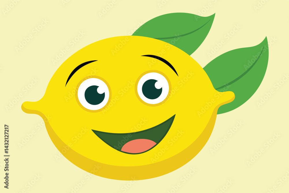 Aufkleber smiling lemon character with green leaf on vibrant background, perfect for cheerful designs and fun 