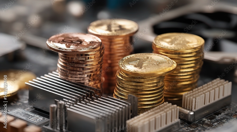 Aufkleber detailed close-up of bitcoin coins stacked on computer hardware