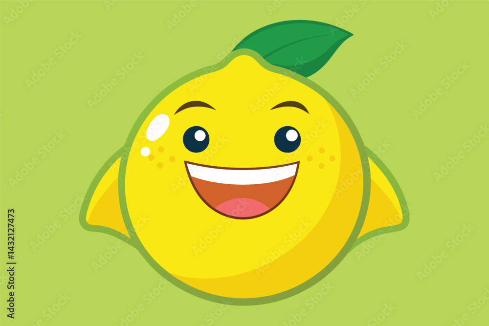 Aufkleber smiling lemon character with green leaf on vibrant background, perfect for cheerful designs and fun 