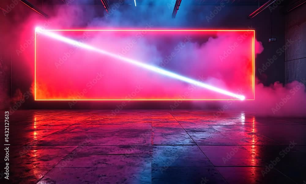 Poster neon-lit futuristic space with vibrant colors and smoke, creating a dynamic atmosphere