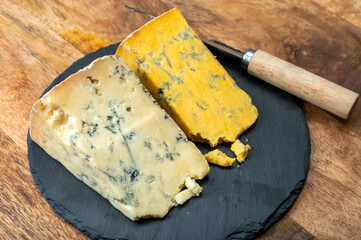Cheese collection, English cow milk semi-soft, crumbly old blue stilton and blue shropshire cheeses