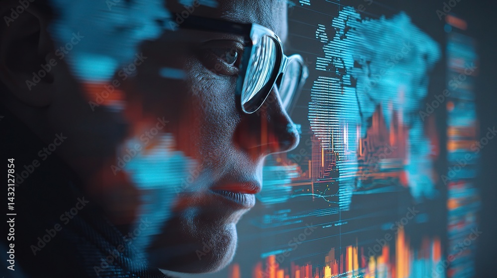 Poster data analyst with glasses analyzing layered graphs and visuals