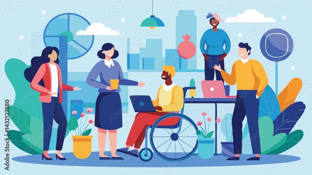 Poster Modern workspace illustration featuring diverse team collaborating in an urban environment with plants and technology