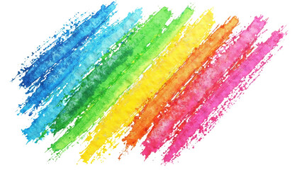 Vibrant watercolor stripes in rainbow colors on a transparent background, featuring blue, green, yellow, orange, and pink hues with a textured, brush-stroke effect.