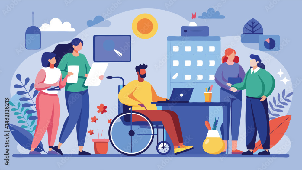 Poster Modern workspace illustration featuring diverse team collaborating in an urban environment with plants and technology