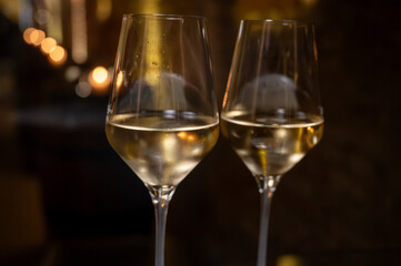 Visit of wine cellar, tasting of brut champagne sparkling wine produced by traditional method in underground caves close up