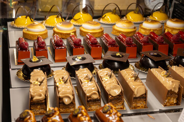 Austrian desserts, different types of chocolate and fruit cakes in traditional bakery cafe in Vienna, close up