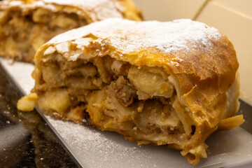 Austrian desserts, piece of apple strudel without whipped cream to be served in old traditional bakery cafe in Vienna, close up