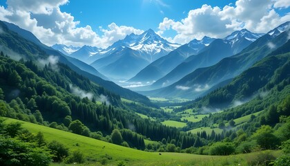 Fototapeta premium Majestic Mountain Valley: Lush Green Hills and Snow-Capped Peaks Under Blue Sky